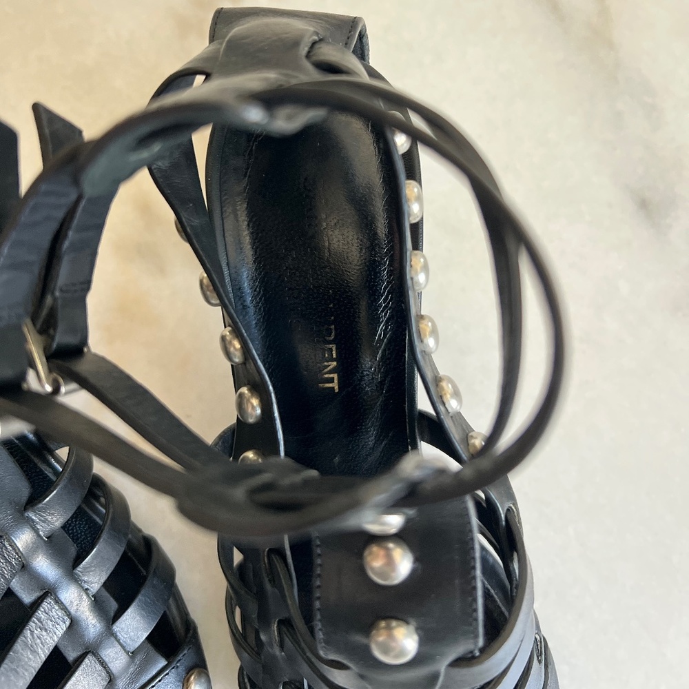 YSL Saint Laurent Calfskin Stud Block Heel Gladiator Sandals Black 37 / US 7 - Picture 11 of 13